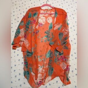 Women’s Peach Love Floral Sheer Kimono Cardigan Coral Orange Small/Medium